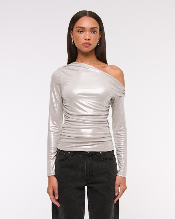 Long-Sleeve Liquid Shine Draped Top