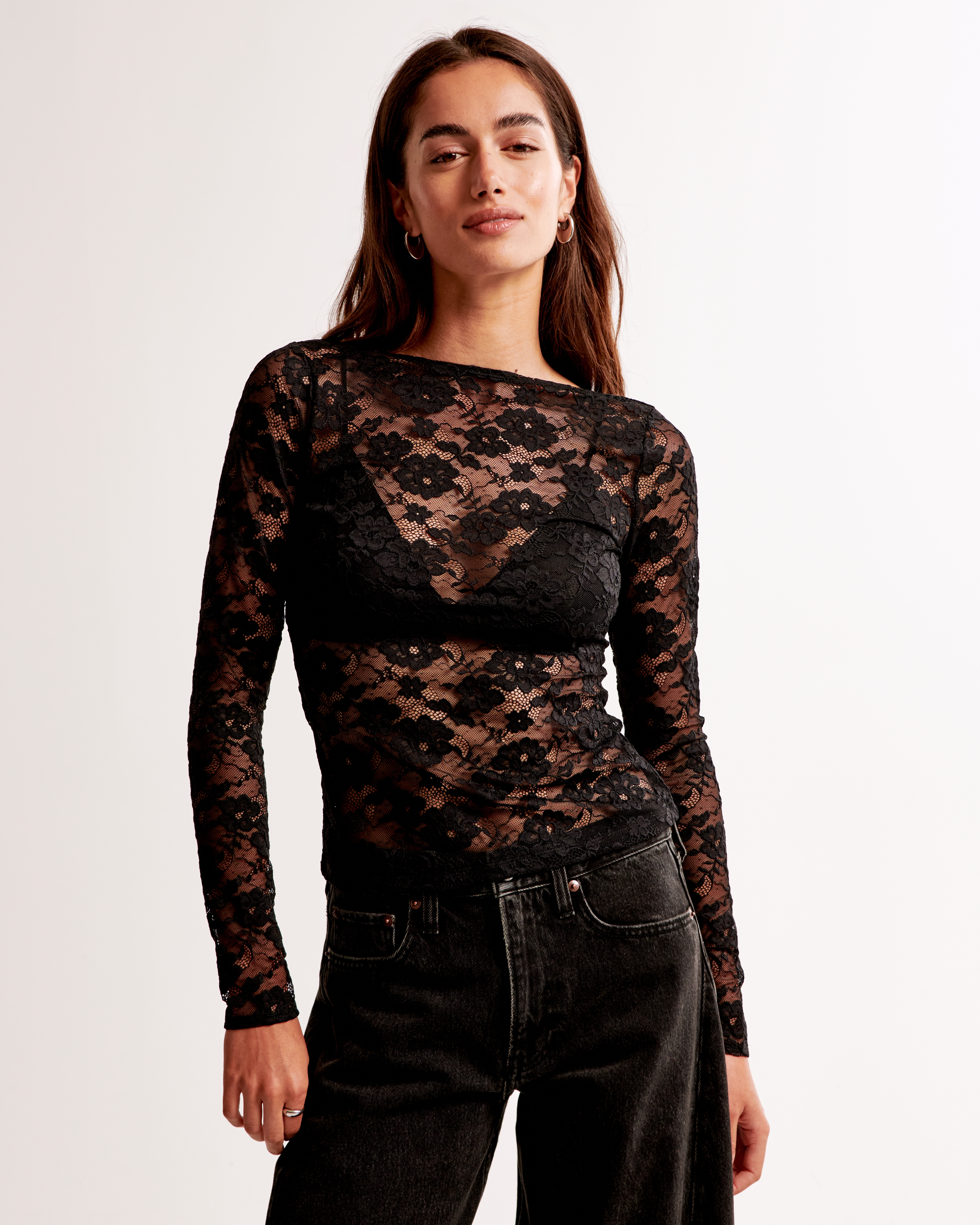 Abercrombie & Fitch Long-sleeve Lace Slash Top In Black