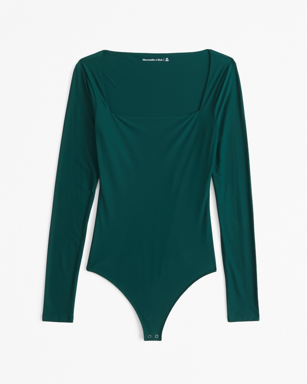 Soft Matte Seamless Long-Sleeve Squareneck Bodysuit, Green view 1