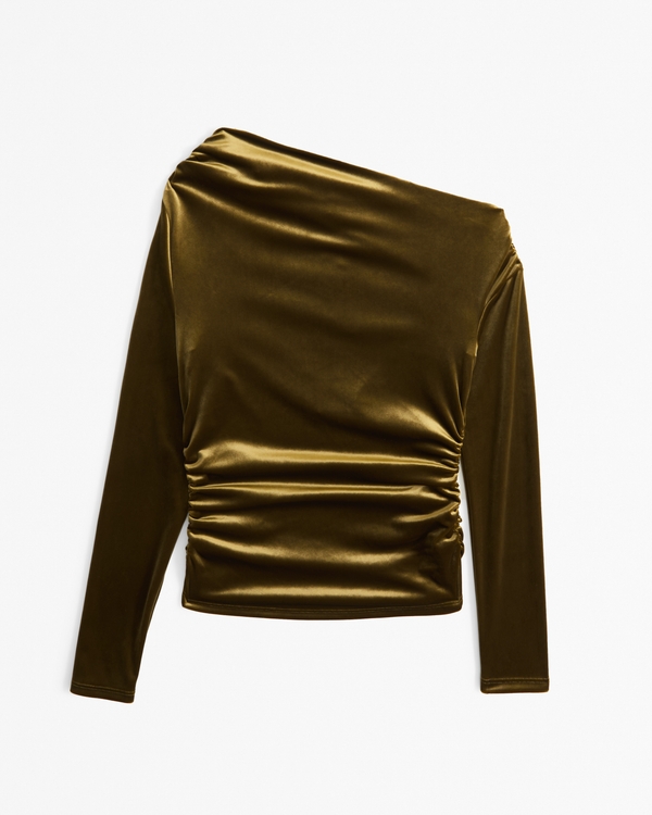 Long-Sleeve Velvet Asymmetrical Draped Top, Green view 1