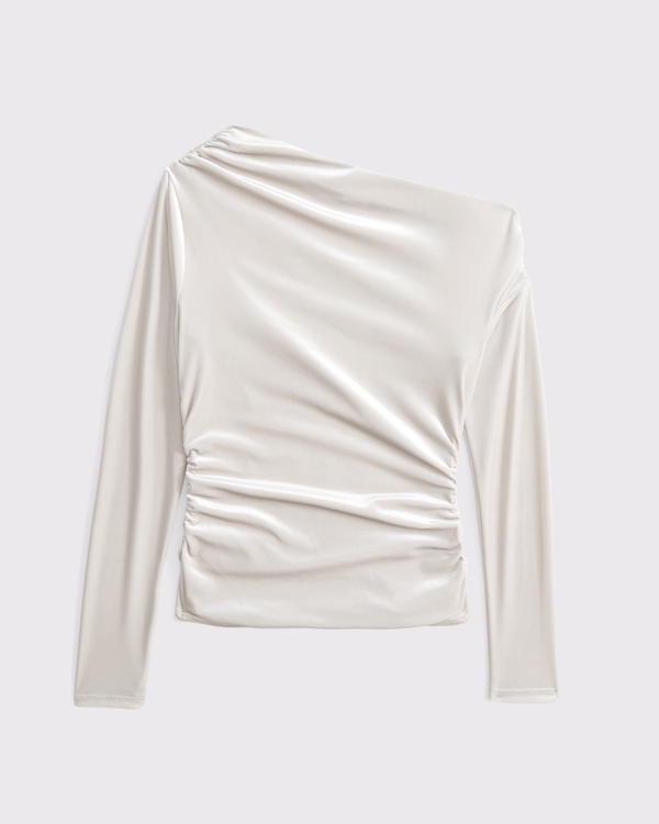 Long-Sleeve Velvet Asymmetrical Draped Top, Beige view 1