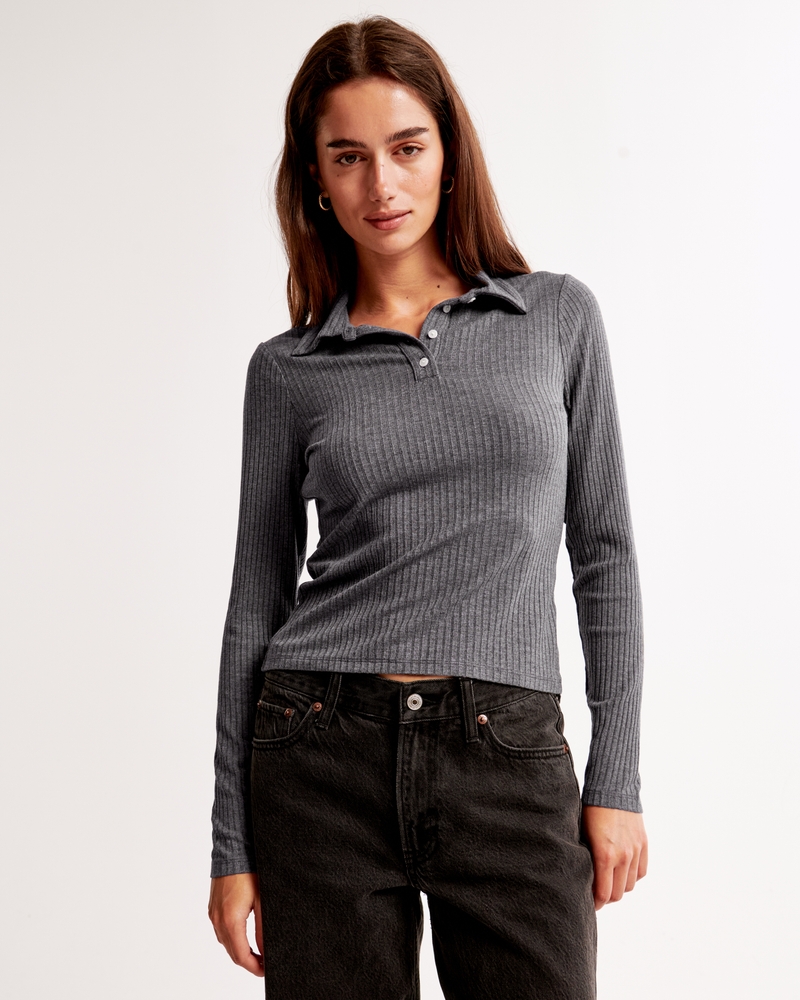Long-Sleeve Wide Rib Polo Top