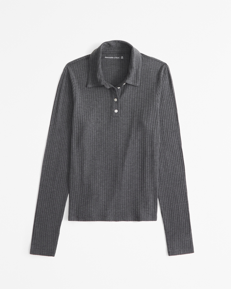 Long-Sleeve Wide Rib Polo Top