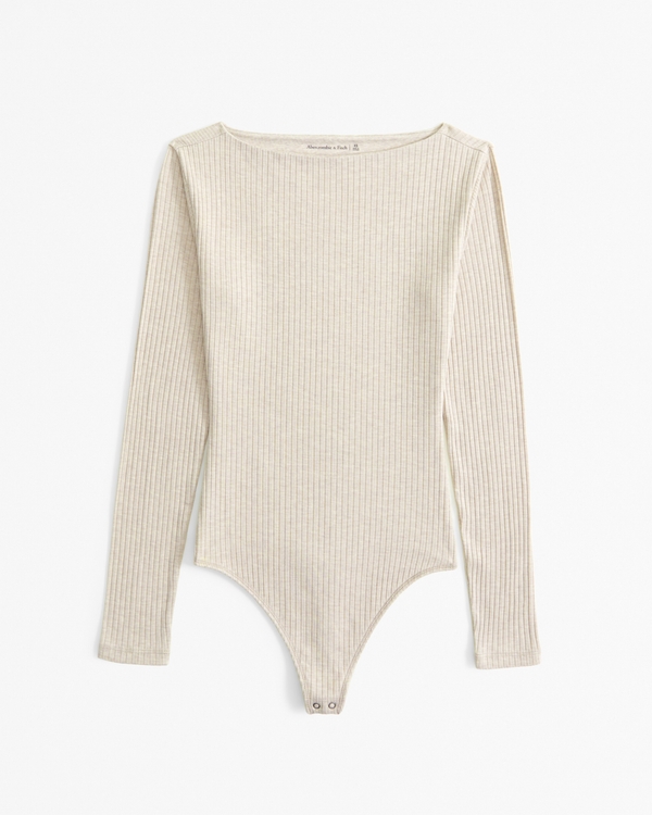 Long-Sleeve Wide Rib Slash Bodysuit, Oatmeal