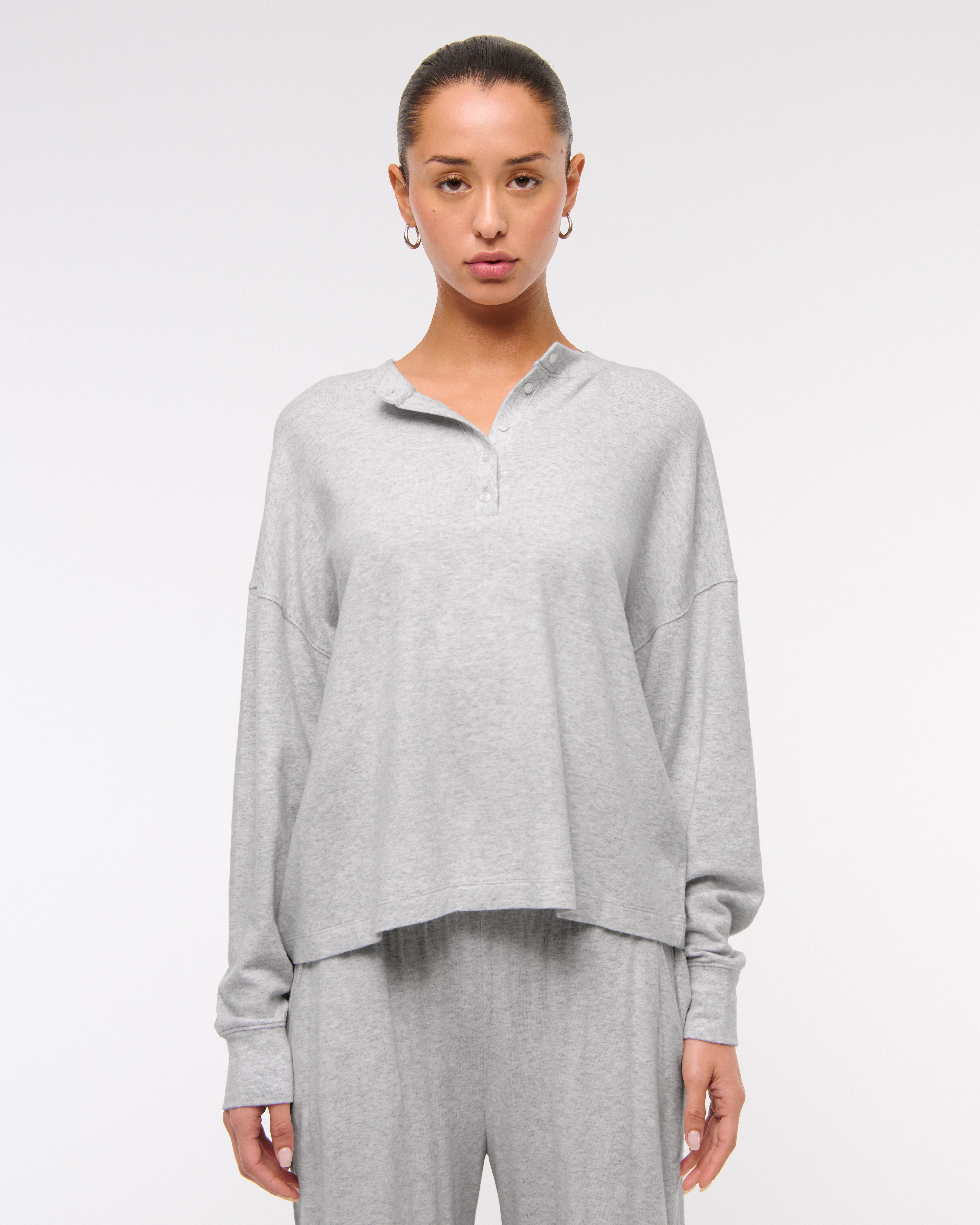 Abercrombie & Fitch Long-sleeve Cozy Lounge Knit Oversized Henley Top In Gray