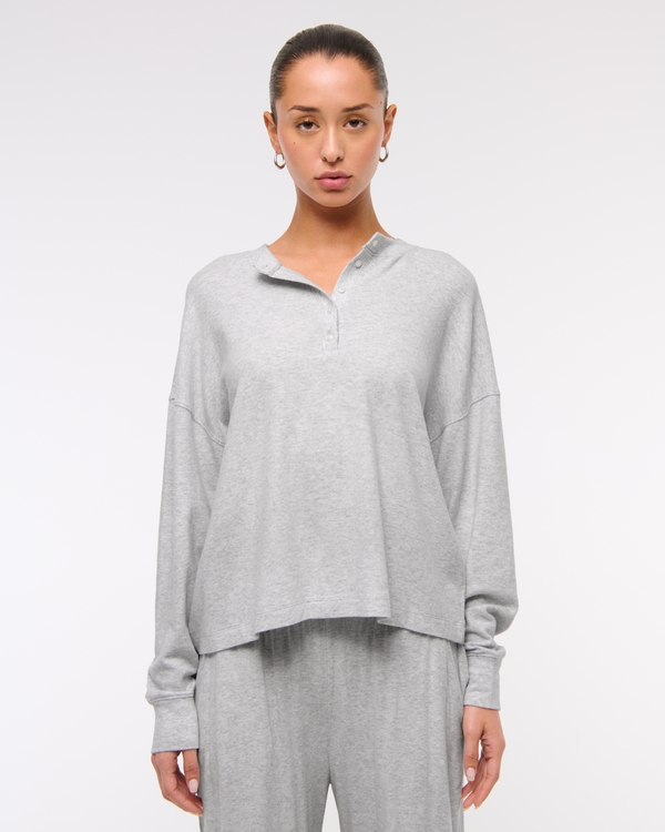 Long-Sleeve Cozy Lounge Knit Oversized Henley Top, Light Grey