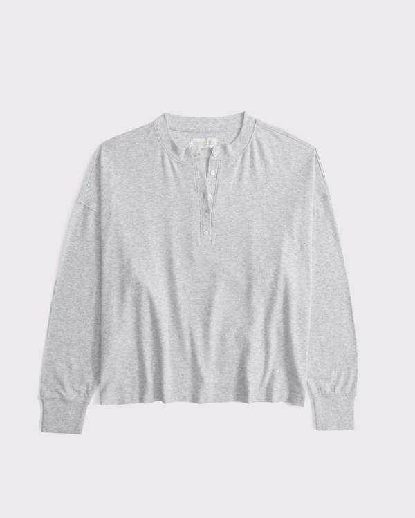 Long-Sleeve Cozy Lounge Knit Oversized Henley Top, Light Grey view 1
