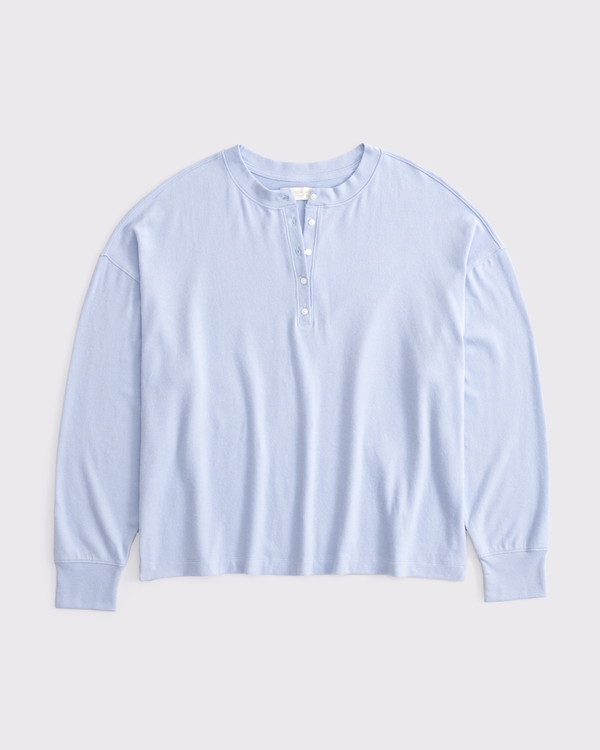 Long-Sleeve Cozy Lounge Knit Oversized Henley Top, Periwinkle view 1