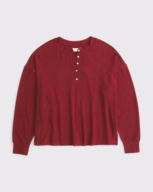 Long-Sleeve Cozy Lounge Knit Oversized Henley Top, Rich Ruby view 1