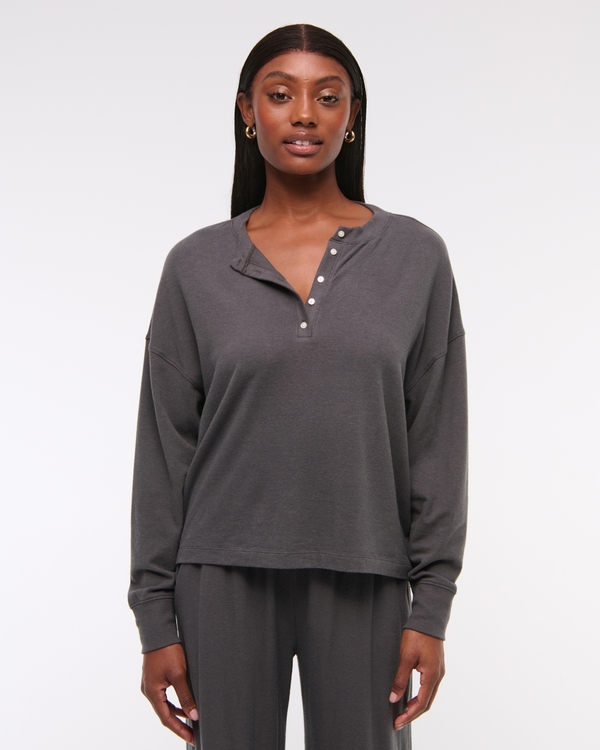 Long-Sleeve Cozy Lounge Knit Oversized Henley Top