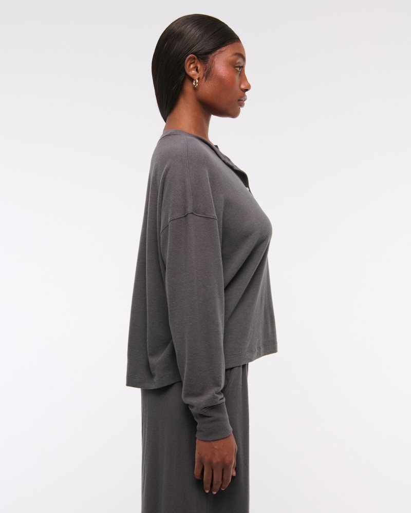 Long-Sleeve Cozy Lounge Knit Oversized Henley Top