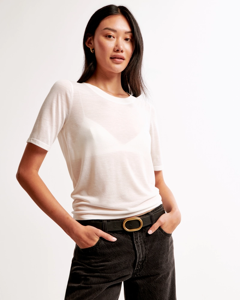 Half-Sleeve Sheer Jersey Crew Tee