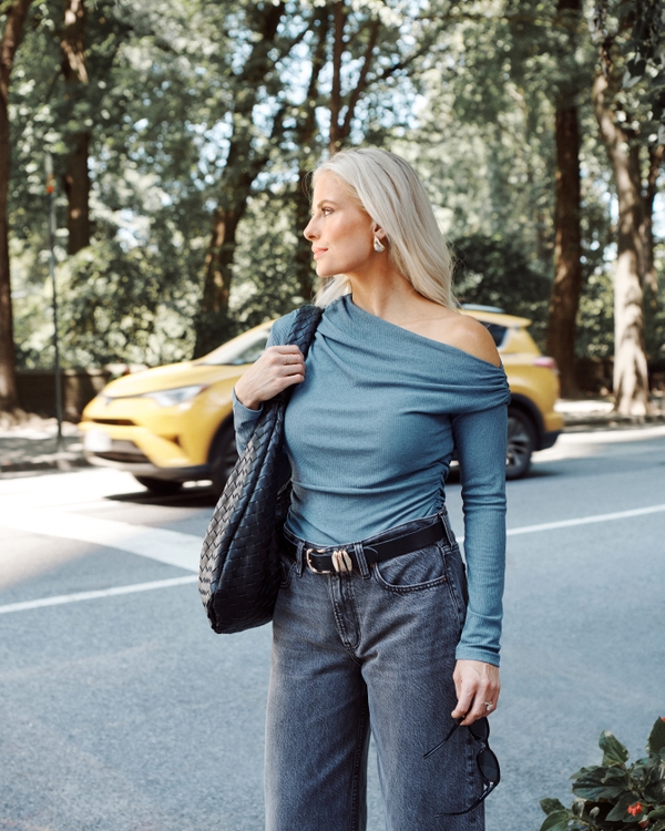 Long-Sleeve One-Shoulder Asymmetrical Draped Top, Blue