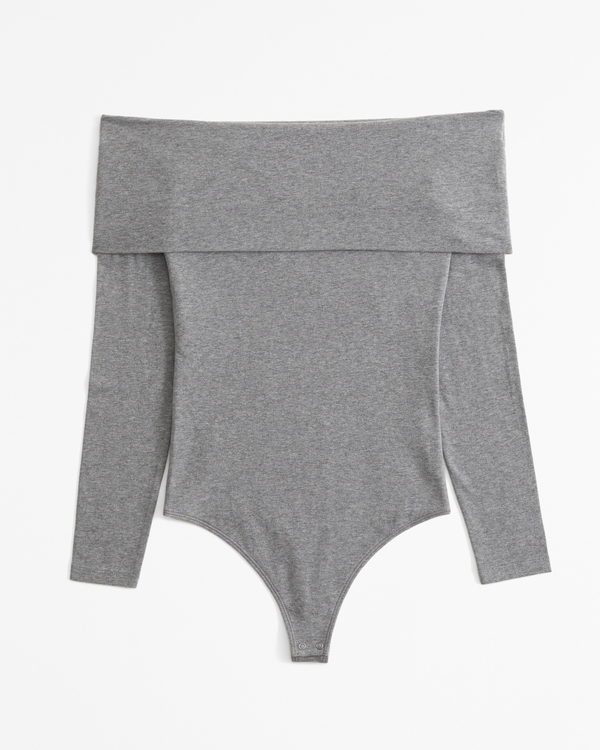 Long-Sleeve Cotton-Blend Seamless Fabric Off-The-Shoulder Bodysuit, Gray view 1