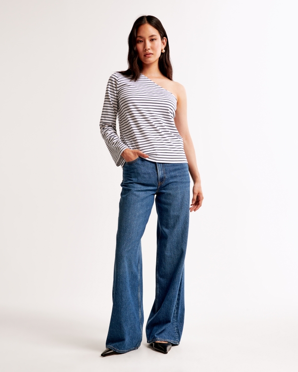 Asymmetrical Premium Polished Long-Sleeve Top, Navy Stripe view 2