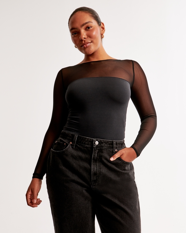 Long-Sleeve Mesh Slash Bodysuit, Black