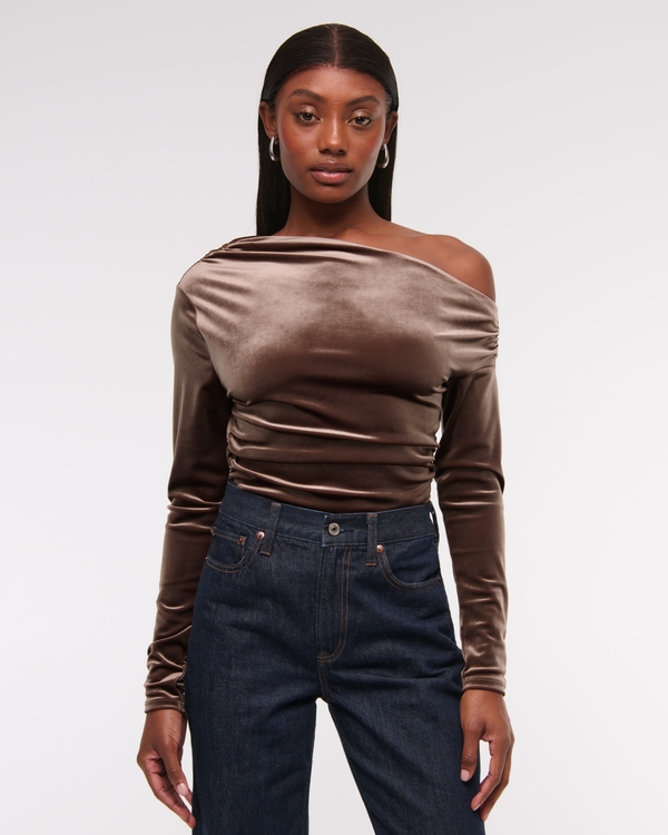 Long-Sleeve Velvet Asymmetrical Draped Top, Brown view 1