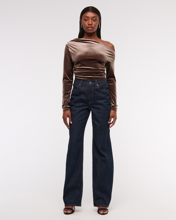 Long-Sleeve Velvet Asymmetrical Draped Top, Brown view 2