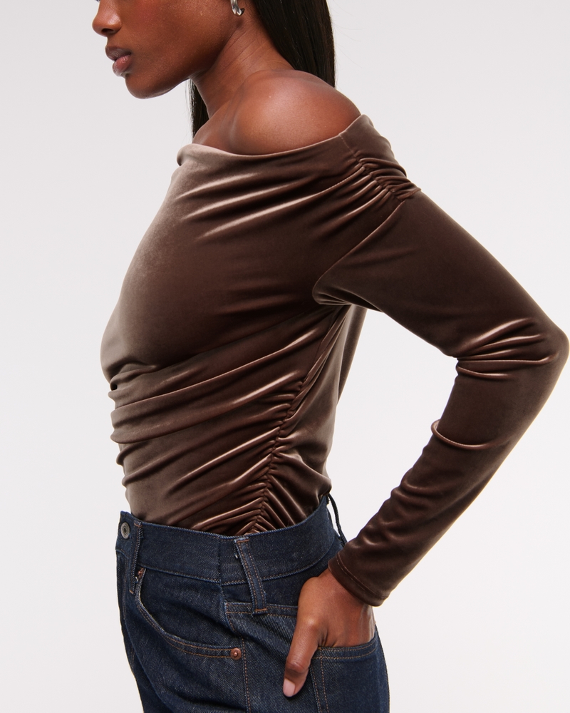 Long-Sleeve Velvet Asymmetrical Draped Top