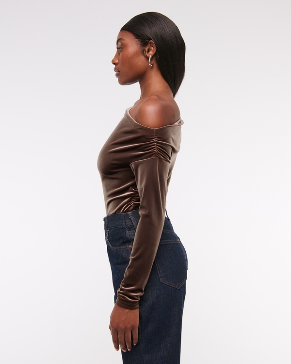 Long-Sleeve Velvet Asymmetrical Draped Top