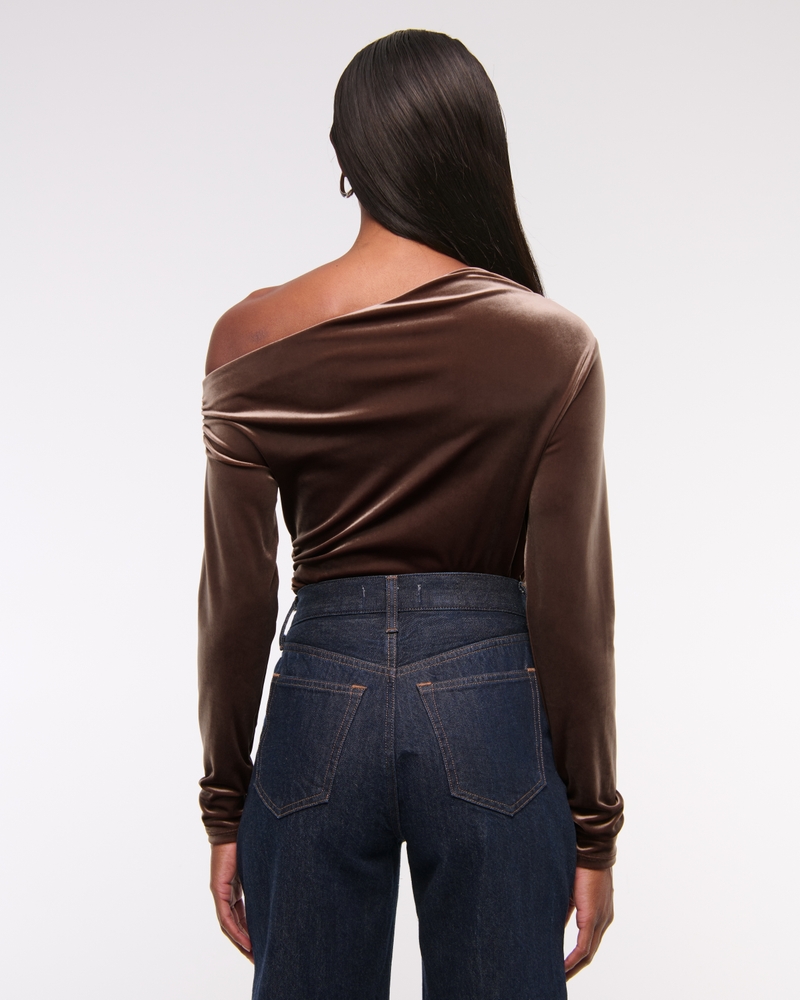 Long-Sleeve Velvet Asymmetrical Draped Top