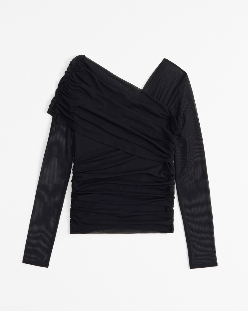 Long-Sleeve Mesh Draped Asymmetrical Top