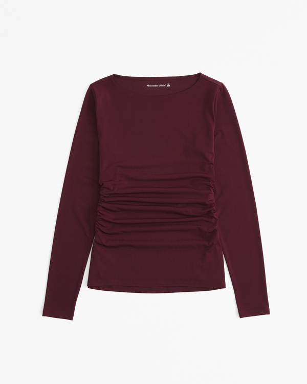 Long-Sleeve Stretch Crepe Slash Top, Burgundy