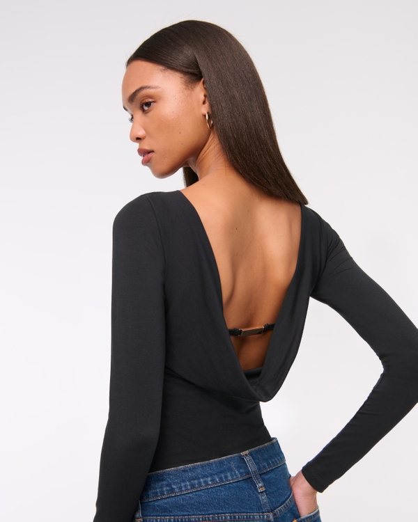 Long-Sleeve Draped Cowl Back Top, Black