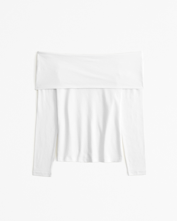 Long-Sleeve Cotton-Blend Seamless Fabric Tuckable Off-The-Shoulder Top, White view 1