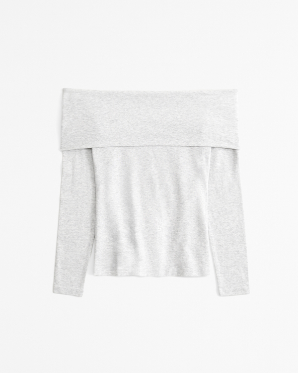 Long-Sleeve Cotton-Blend Seamless Fabric Tuckable Off-The-Shoulder Top, Light Gray view 1