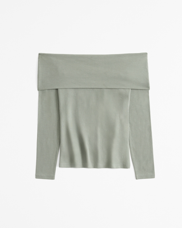 Long-Sleeve Cotton-Blend Seamless Fabric Tuckable Off-The-Shoulder Top, Frosty Olive view 1