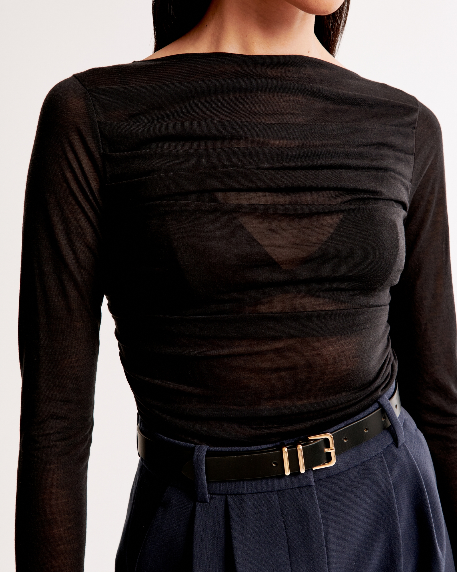 Long-Sleeve Sheer Jersey Pleated Slash Top