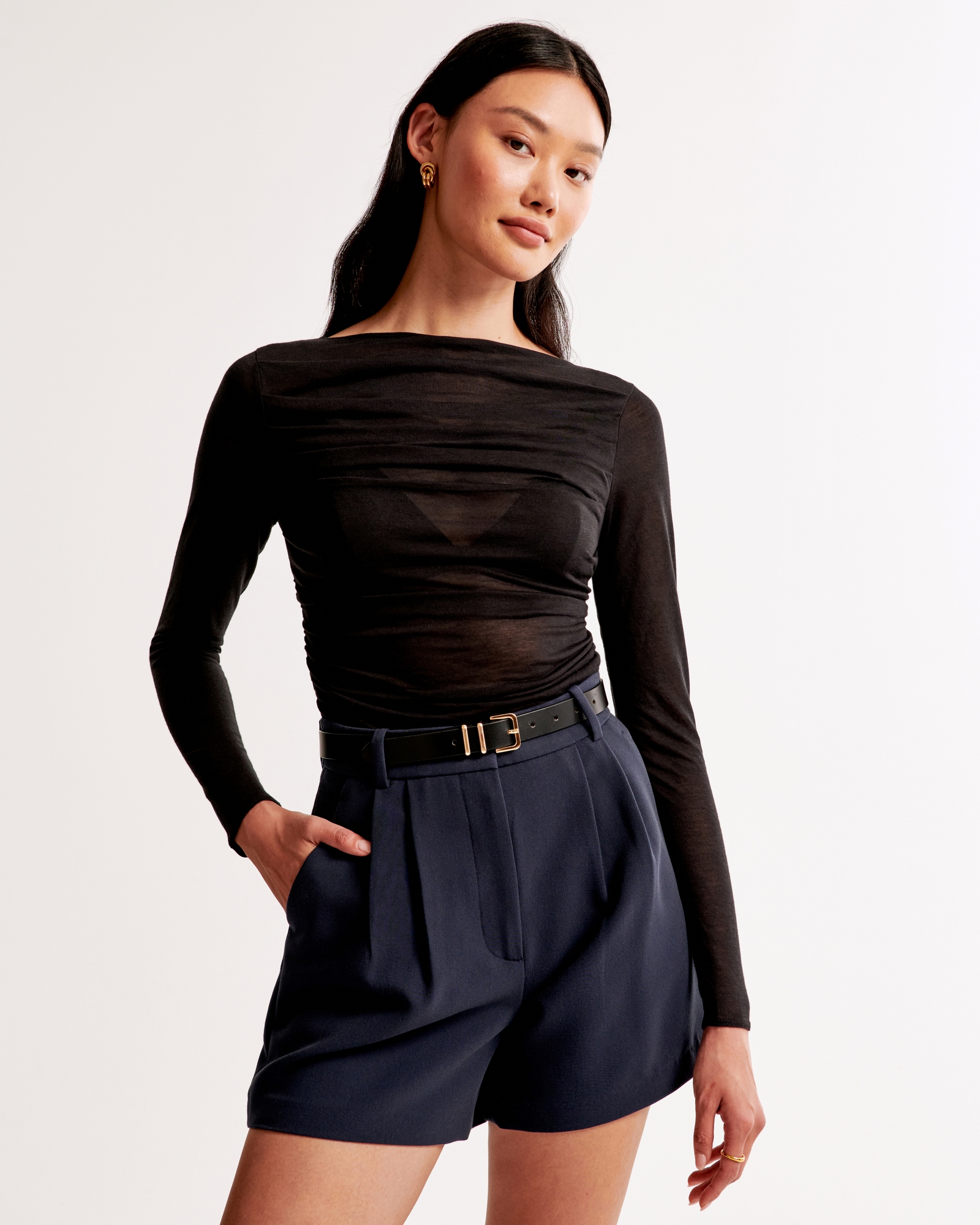 Long-Sleeve Sheer Jersey Pleated Slash Top