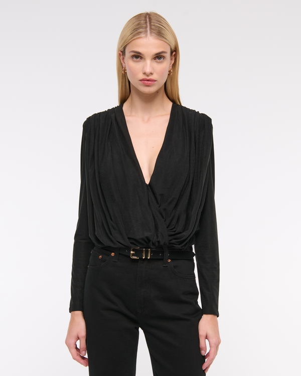 Long-Sleeve Draped Deep-V Bodysuit, Black