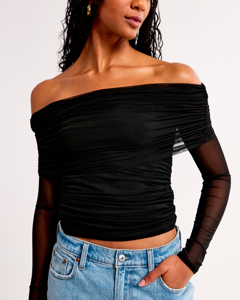 Women's Long-Sleeve Off-The-Shoulder Mesh Top Women's Tops