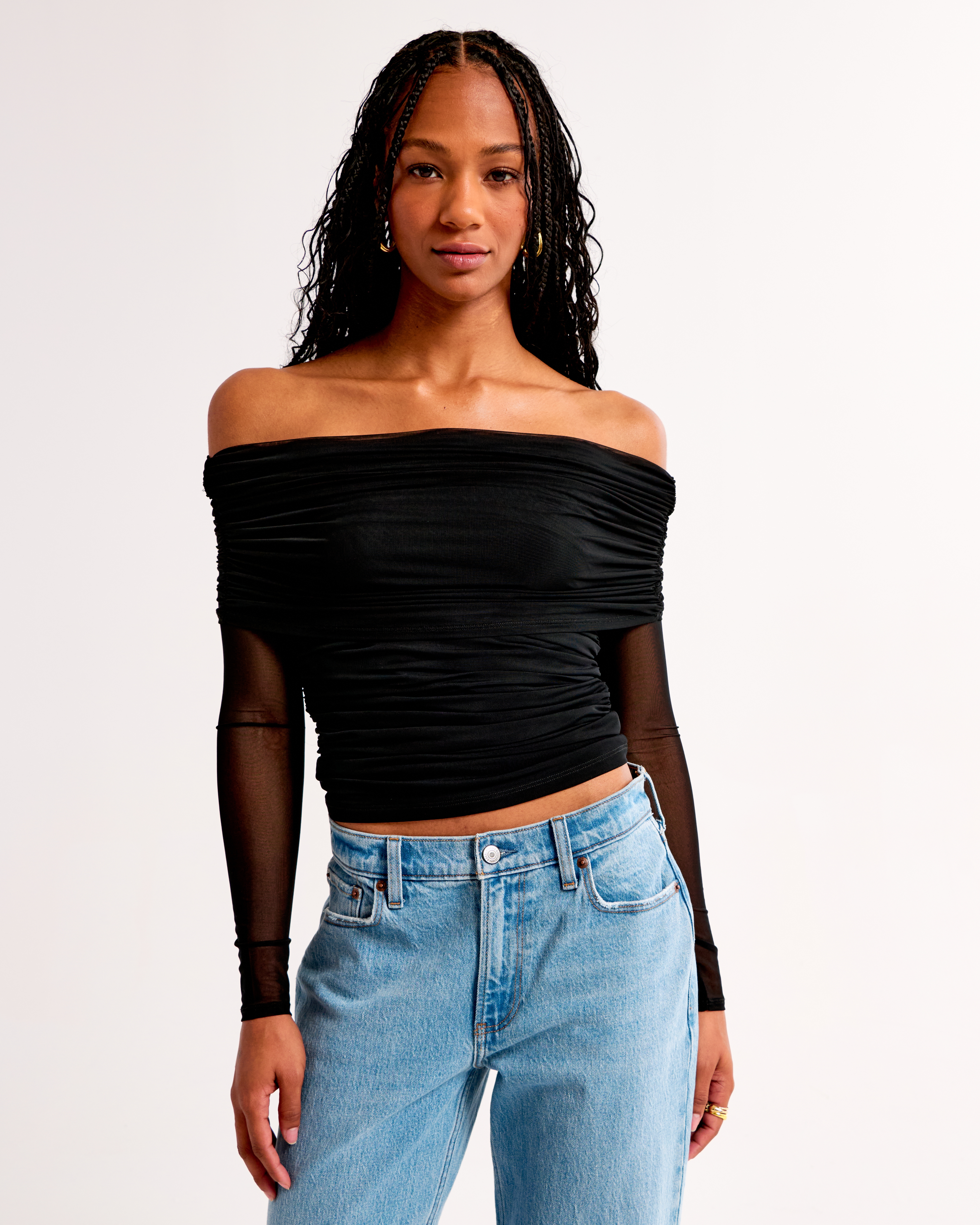 Women's Long-Sleeve Off-The-Shoulder Mesh Top | Women's Tops Women's Long-Sleeve Off-The-Shoulder Mesh Top | Women's Tops