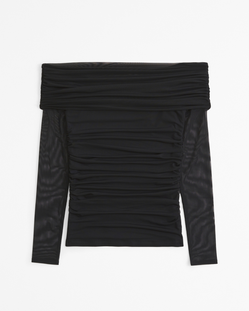 Long-Sleeve Off-The-Shoulder Mesh Top