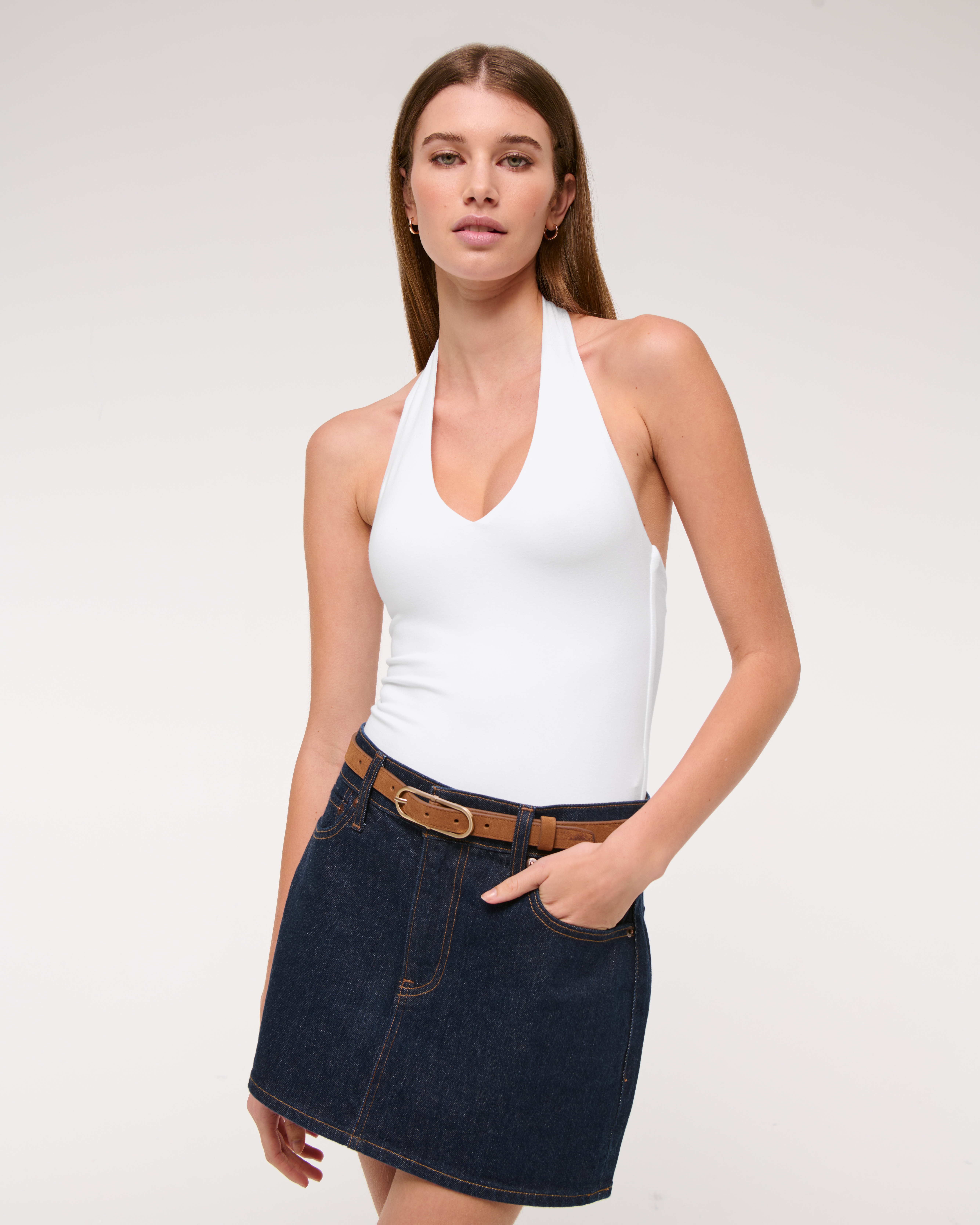 Abercrombie & Fitch Cotton-blend Seamless Fabric Halter Bodysuit In White