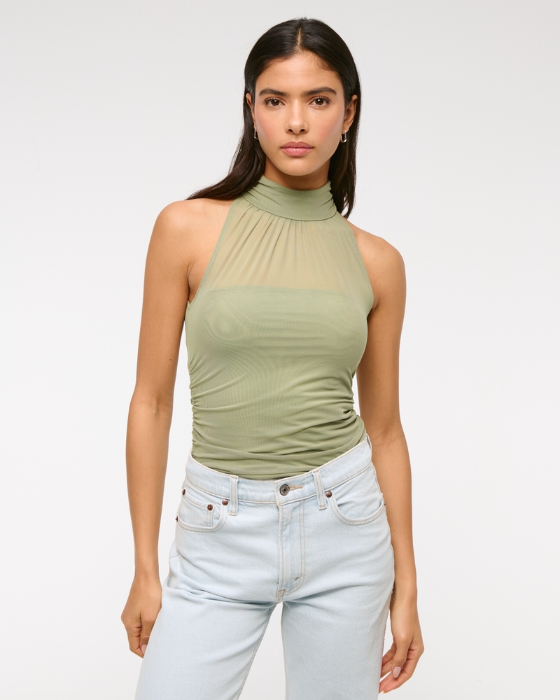 Ruched Mesh Halter Top