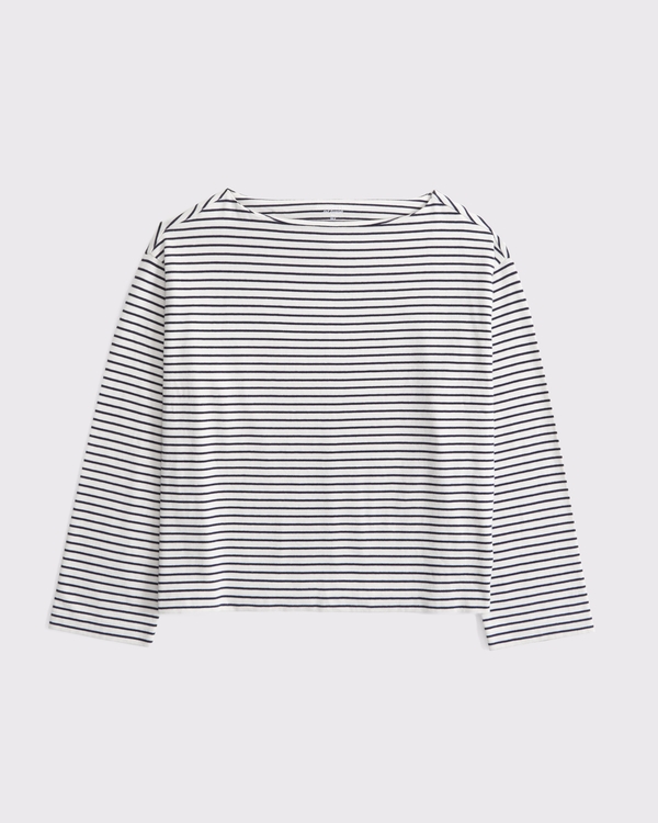 Long-Sleeve Heavyweight Jersey Slash Tee, Cream Stripe view 1