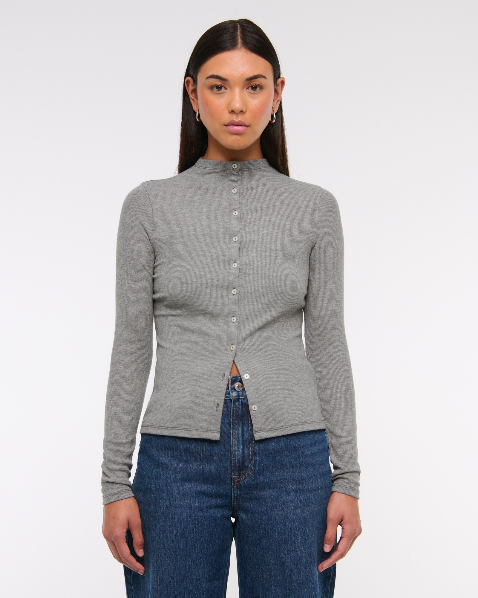 Long-Sleeve Mockneck Button-Through Top