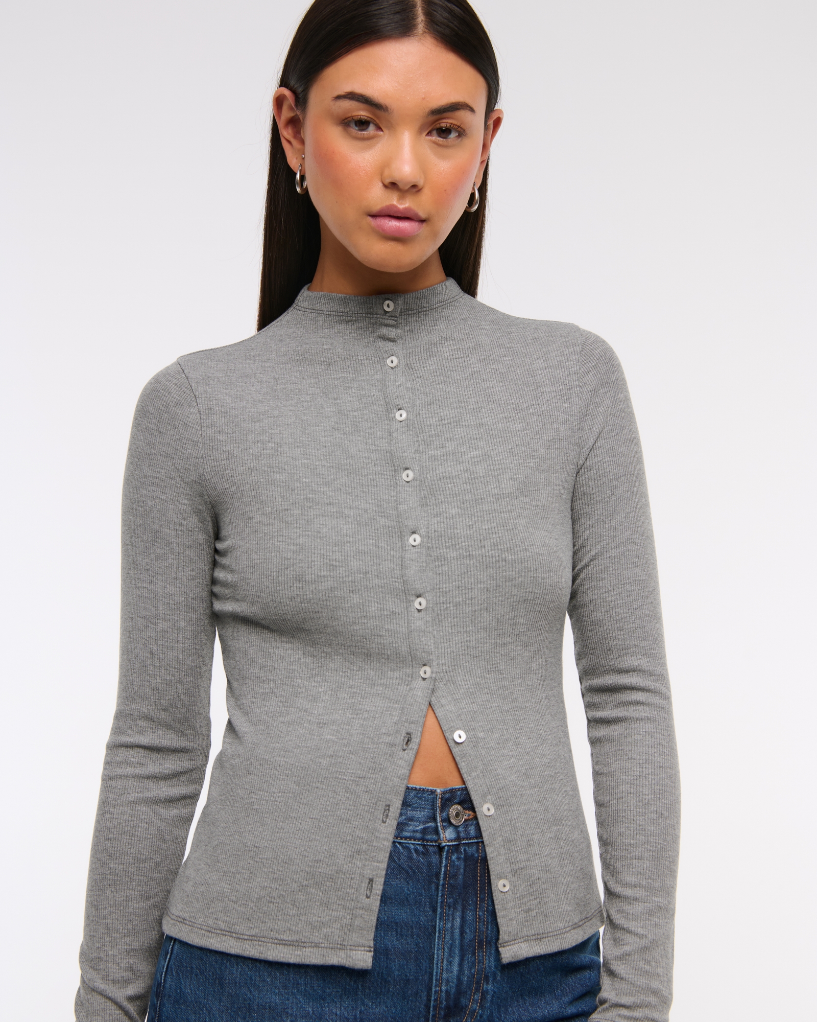 Long-Sleeve Mockneck Button-Through Top