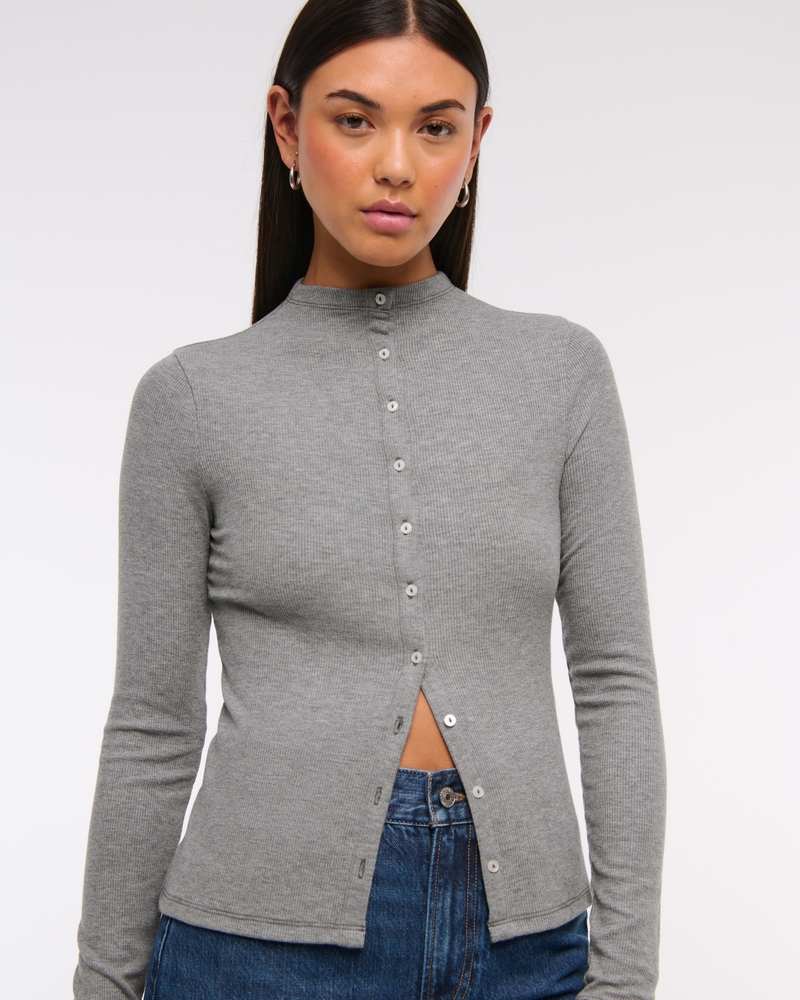 Long-Sleeve Mockneck Button-Through Top