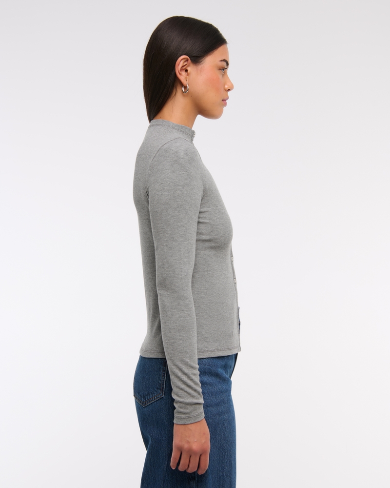 Long-Sleeve Mockneck Button-Through Top