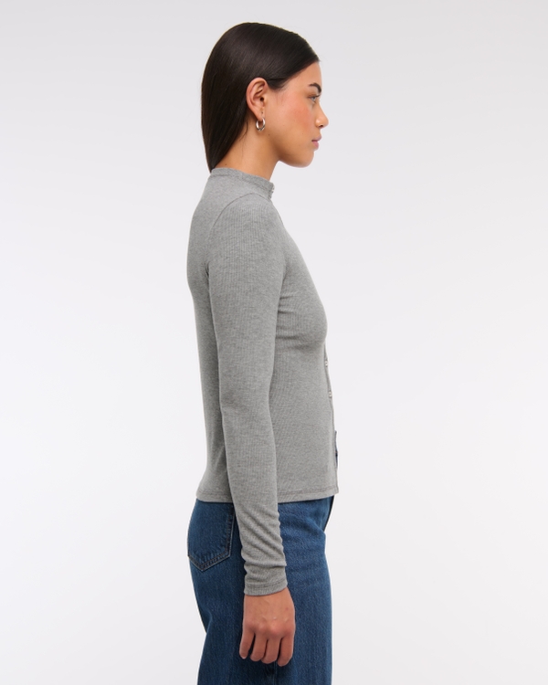 Long-Sleeve Mockneck Button-Through Top