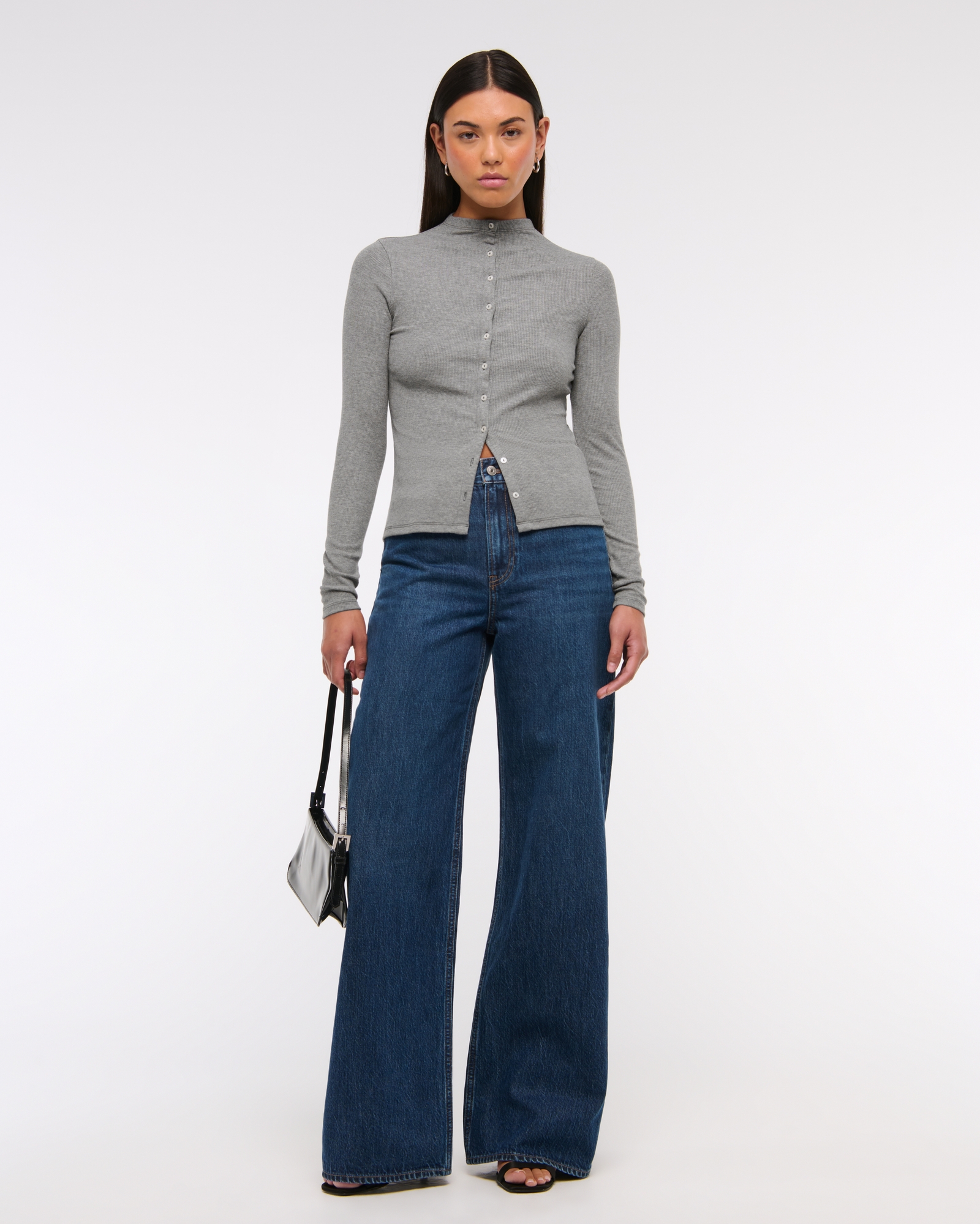 Long-Sleeve Mockneck Button-Through Top