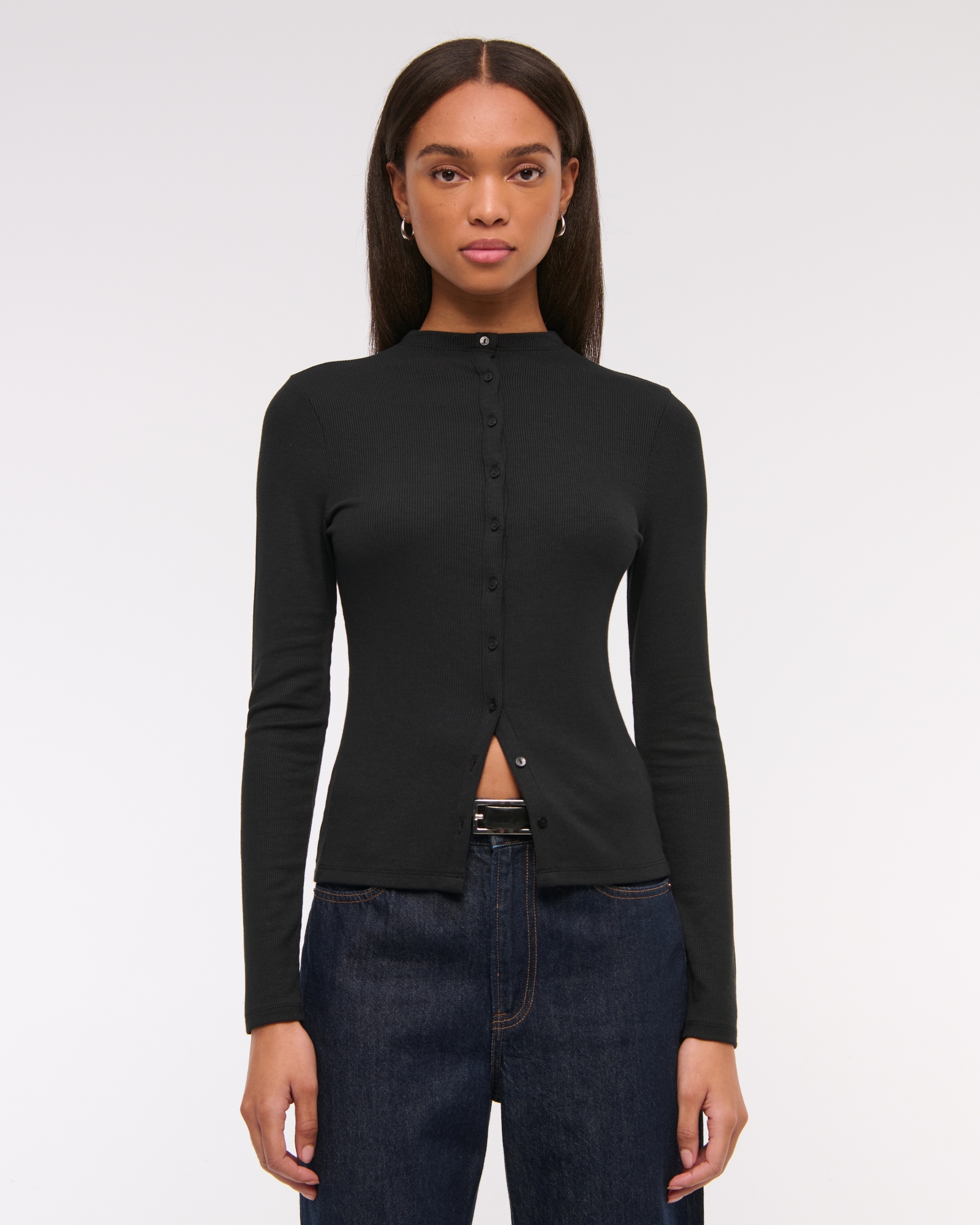 Long-Sleeve Mockneck Button-Through Top