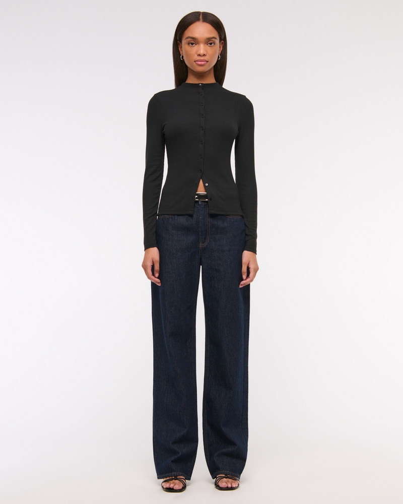 Long-Sleeve Mockneck Button-Through Top