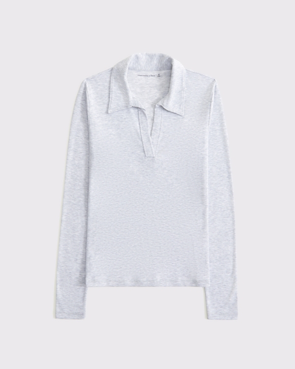 Long-Sleeve V-Neck Collared Top, Light Gray view 1