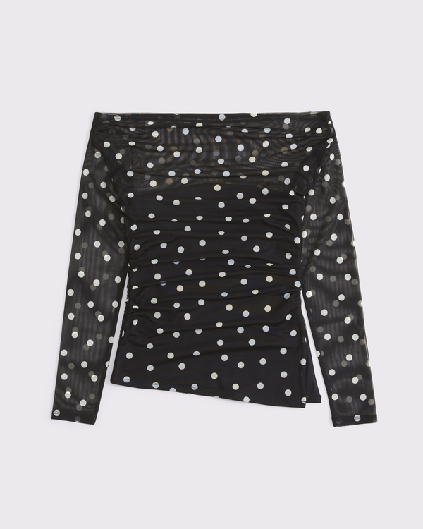 Off-The-Shoulder Draped Mesh Top, Black Dot view 1